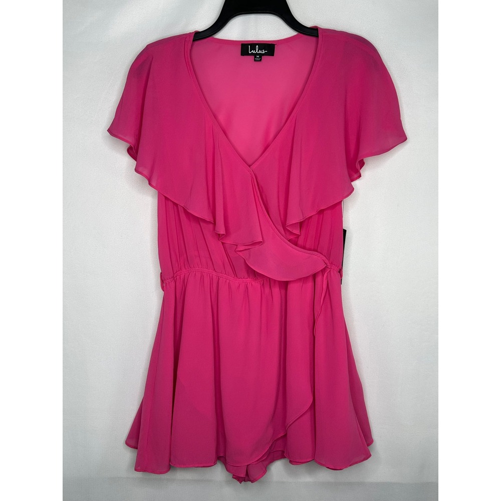 Lulus NWT Hot Pink Ruffle Surplice Chiffon Romper Babydoll Flirty Medium